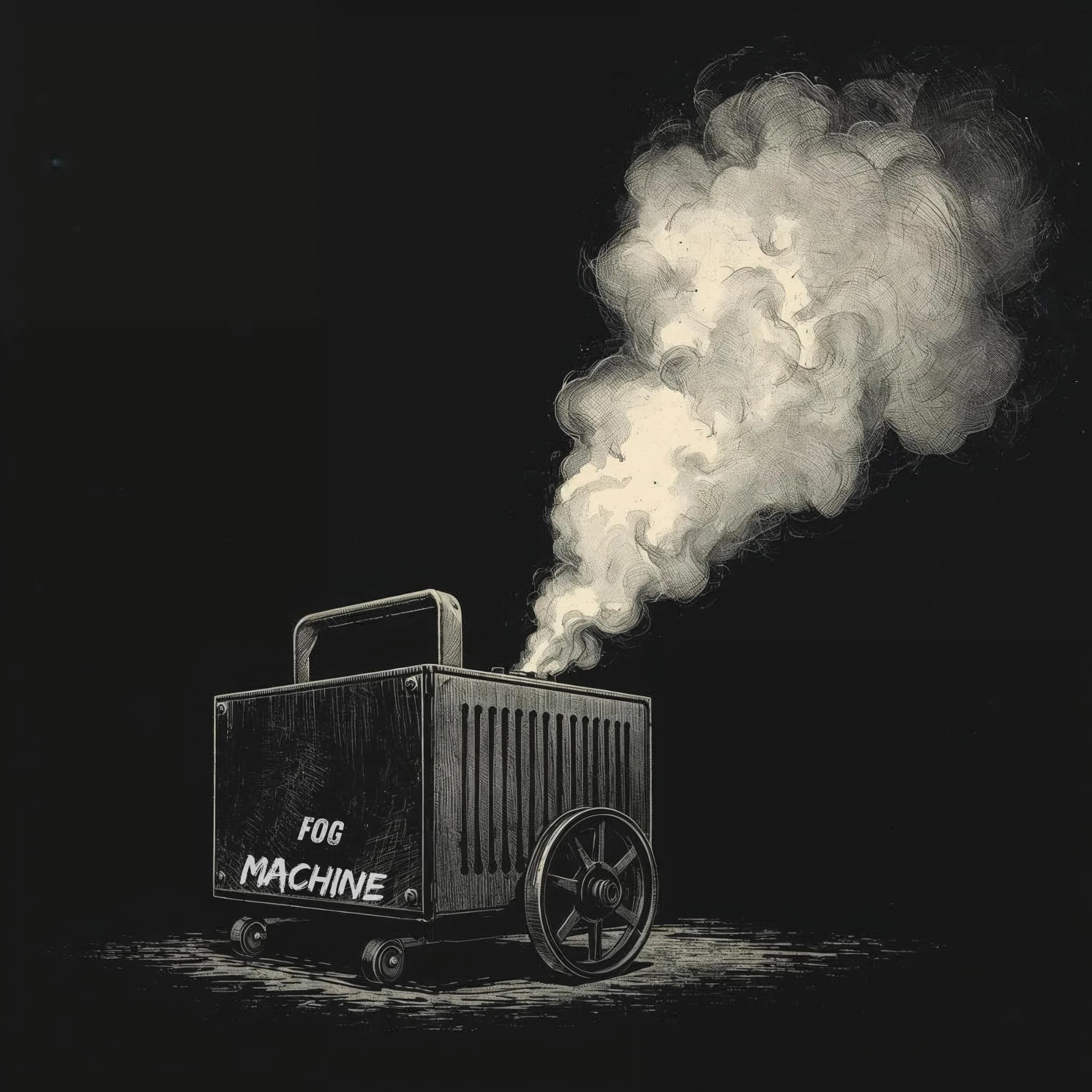 Fog Machine logo: an illustrated fog machine releasing a cloud of smoke